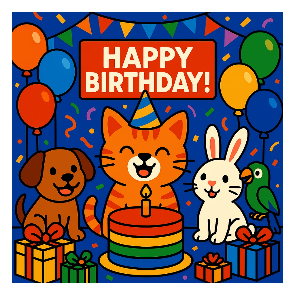 birthday party scene with a rainbow color theme including rainbow balloons, multicolored decorations, confetti, a large rainbow birthday cake, gifts, and a festive atmosphere; main character is a ginger tabby kitten wearing a birthday hat, surrounded by a puppy, bunny, and parrot also celebrating; include a prominent 'Happy Birthday!' message sticker