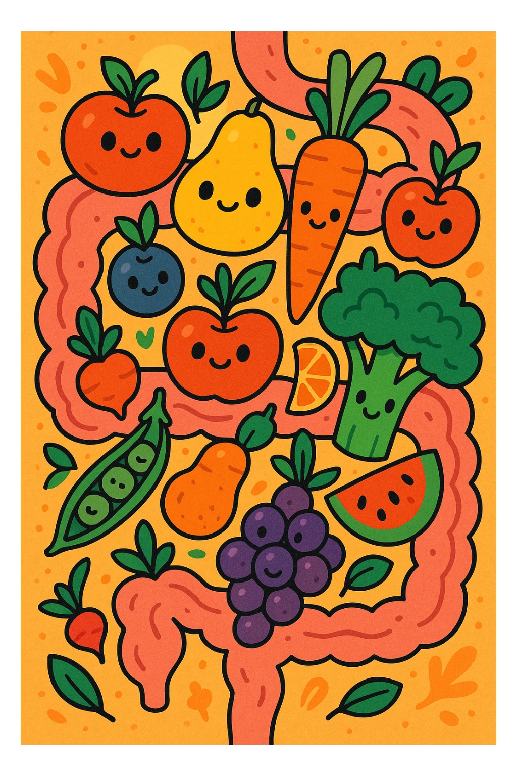 intestines filled with fruit and vegetables, detailed, colorful, whimsical style sticker