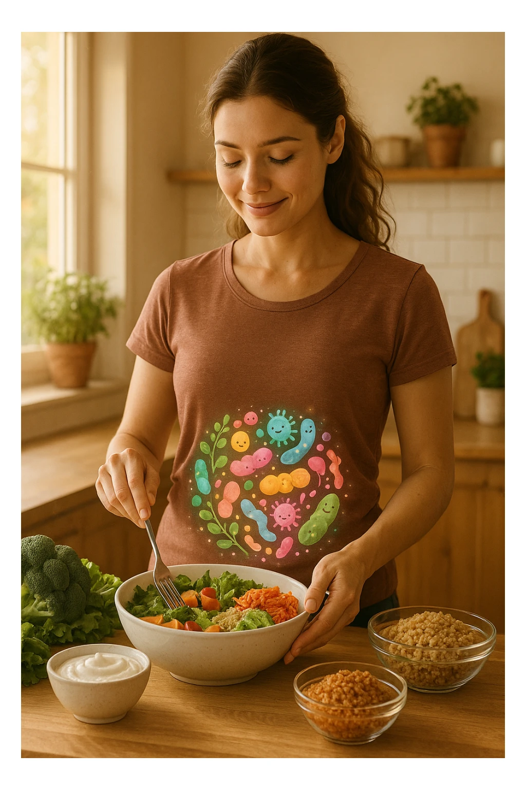 A realistic, warm-toned image of a young woman in a bright, cozy kitchen preparing a healthy meal rich in fiber and probiotics. She smiles softly, focused and calm, as she adds fresh vegetables, fermented foods like yogurt or kimchi, and whole grains to a bowl. Around her abdomen, a subtle, glowing overlay of balanced gut flora—colorful, friendly bacteria and microbes—swirls gently, symbolizing intestinal health and harmony. The setting is natural and inviting, with sunlight streaming through the window, potted herbs on the counter, and clean wooden surfaces. The overall mood conveys wellness, self-care, and the positive journey toward gut balance sticker