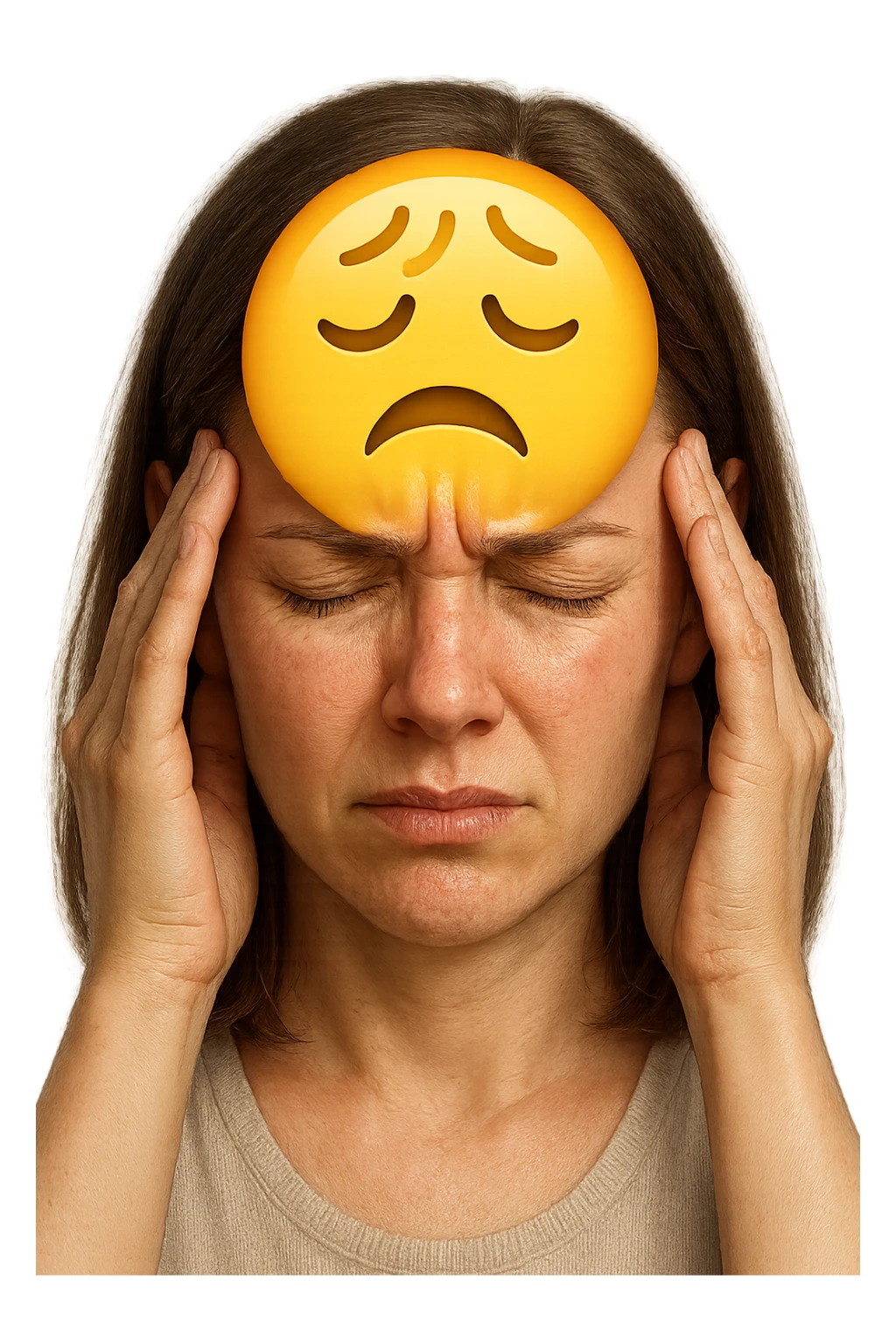 emoji stile iphone di donna con mal di testa, iperrealistico 4k sticker