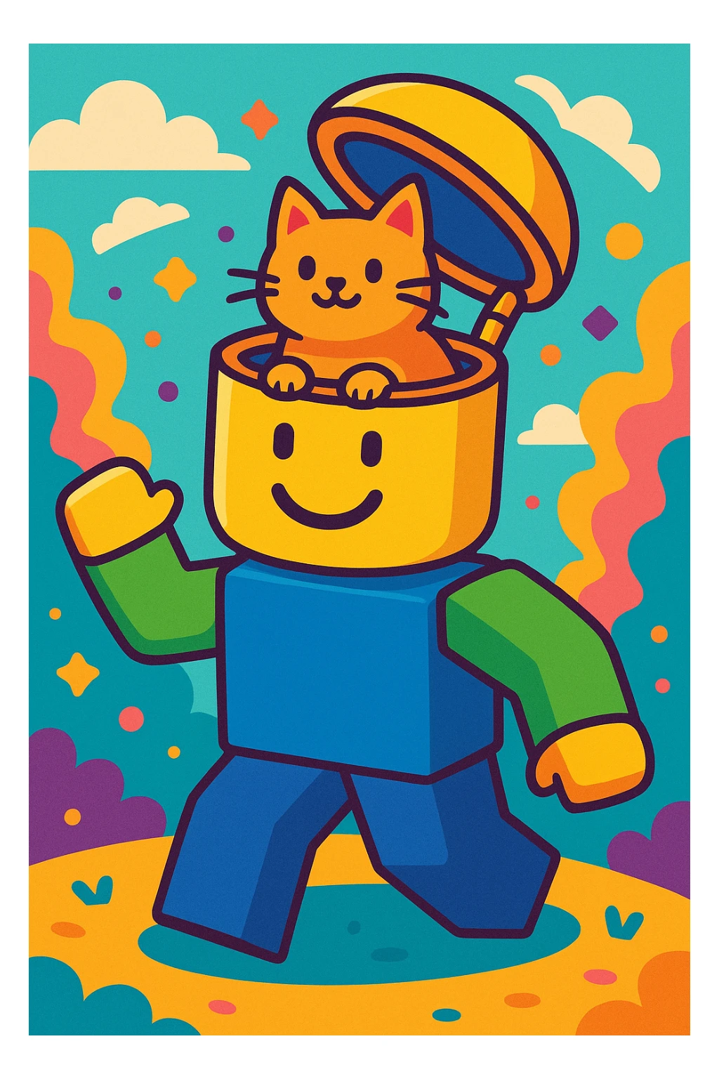 a whimsical style illustration of a Roblox noob character with its head open and a cat sitting inside sticker