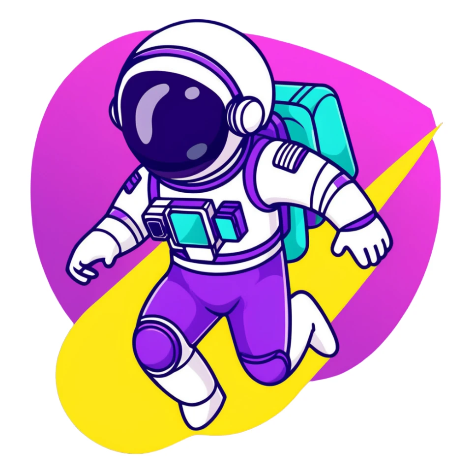 Stylized futuristic astronaut in mid-flight pose, sleek purple and neon teal suit, flat vector design, heroic silhouette, dynamic diagonal motion lines sticker
