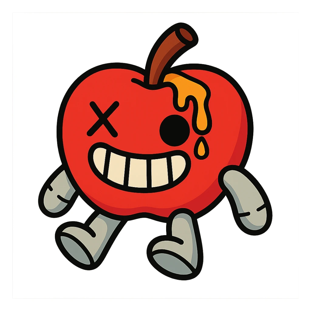 plush apple character with soft light grey limbs, left eye replaced by stitched X, golden ichor oozing from stem, wide toothy grin, no leaf sticker