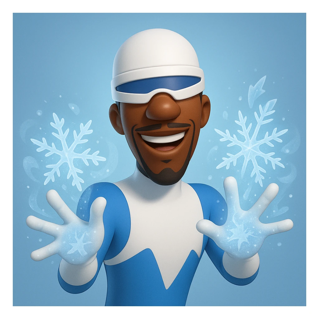 Frozone from The Incredibles, memoji style, blue and white suit, ice powers, friendly expression, cartoonish sticker