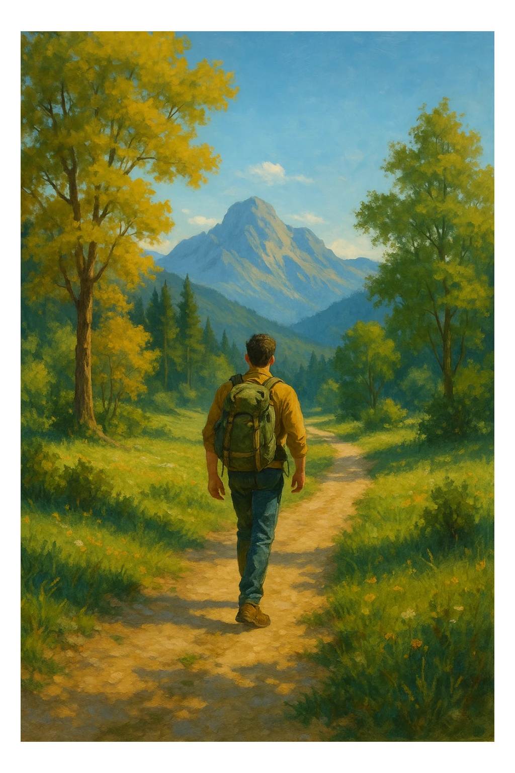 a man on a journey, backpack on, walking along a path, nature scenery sticker