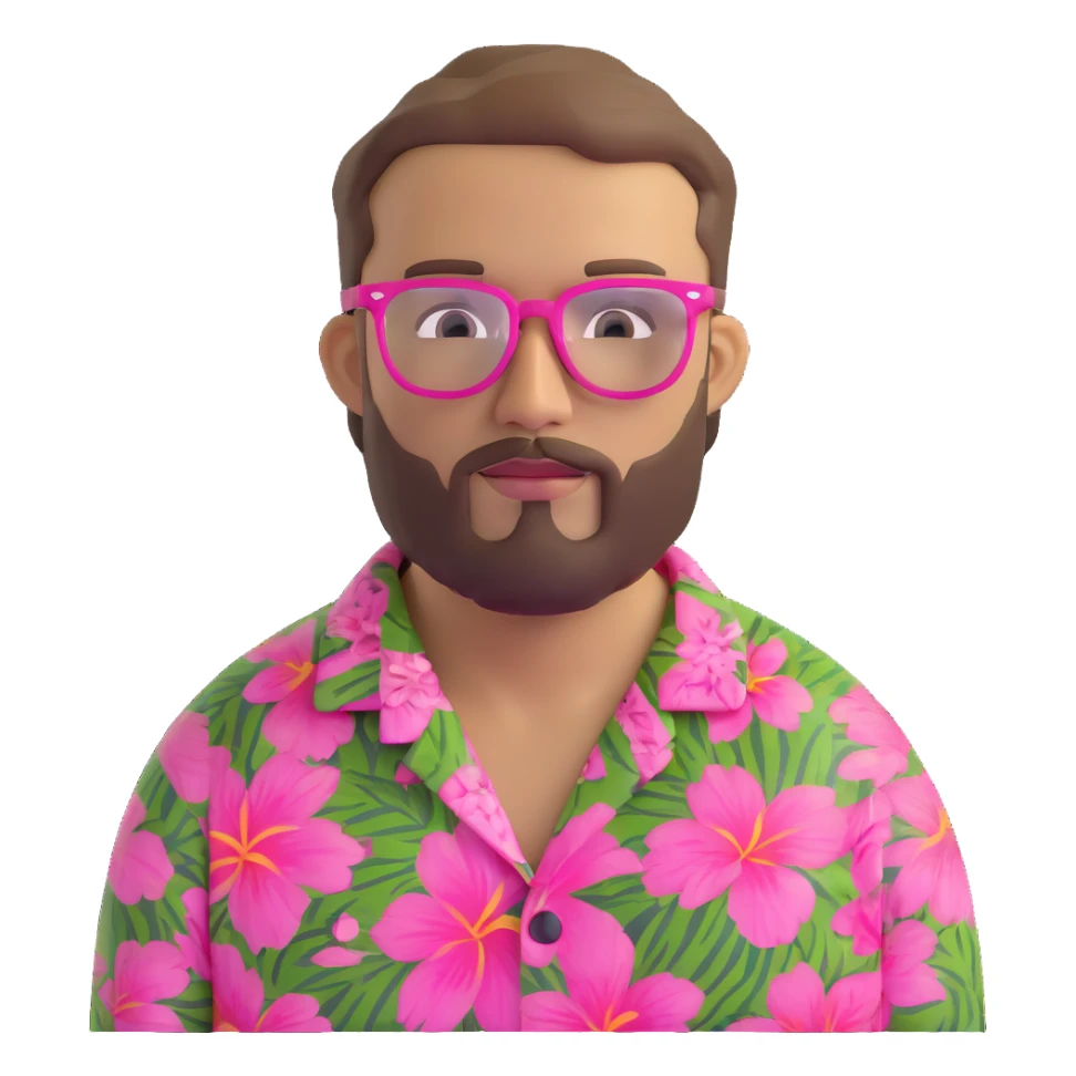 man with light skin tone, short light brown hair and beard, wearing a Hawaiian shirt and pink glasses sticker