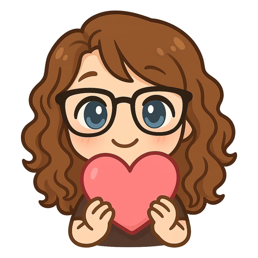 Create a chibi sticker emoji of the person in the reference image with glasses and curly hair, holding a heart. The style should be cute and expressive with a transparent background. sticker