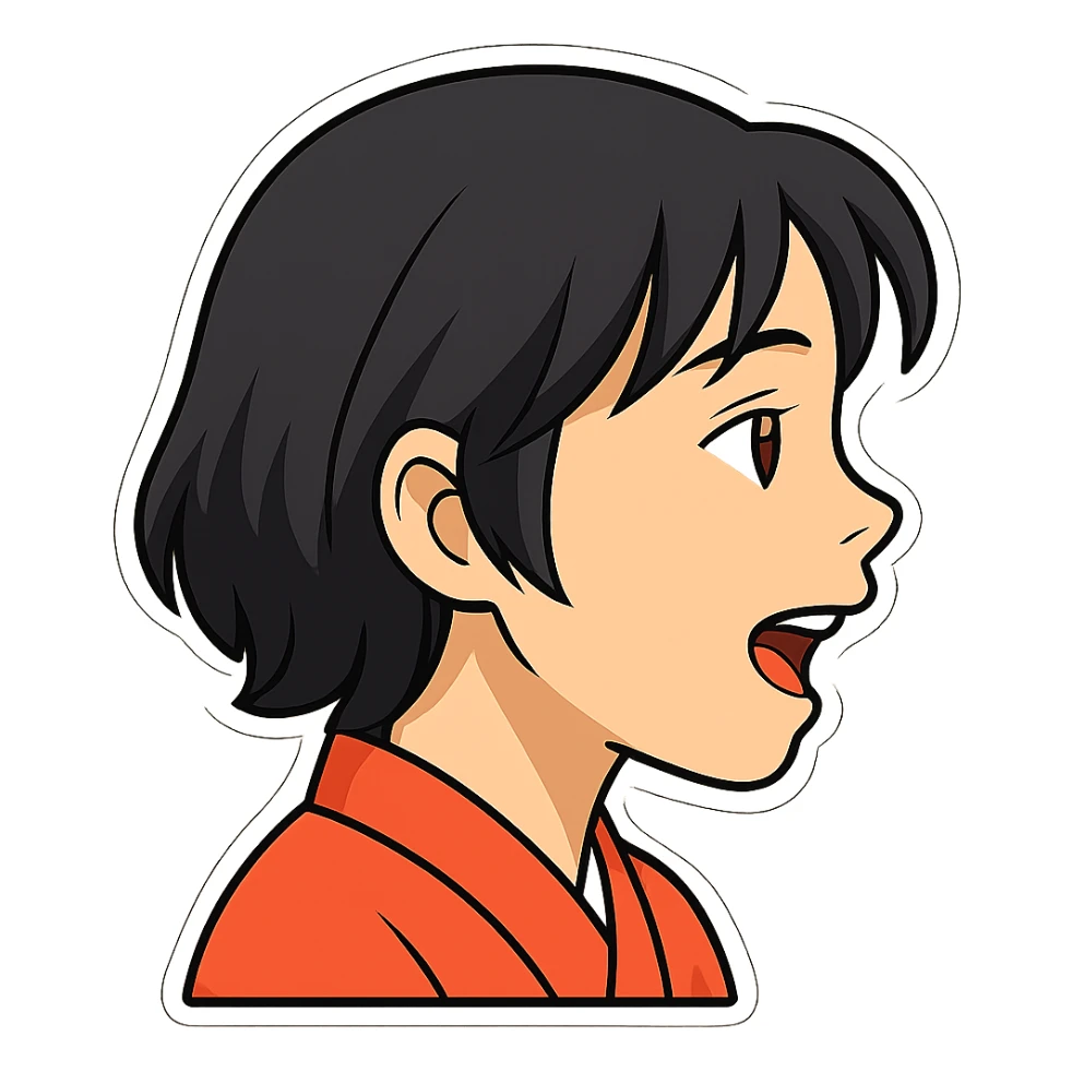 Asian girl profile, right side, talking, with a different hairstyle, in the style of sticker, no background sticker