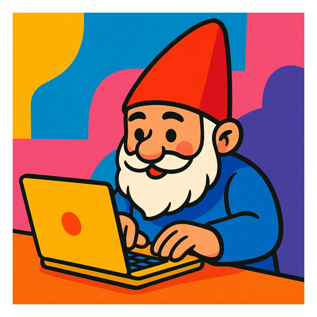 a gnome typing on a laptop, in a colorful, vibrant toon style sticker