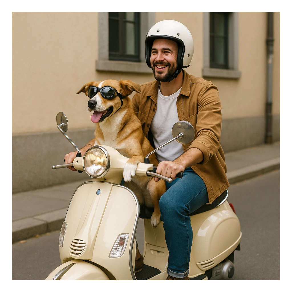 man and his pet dog riding a vespa sticker