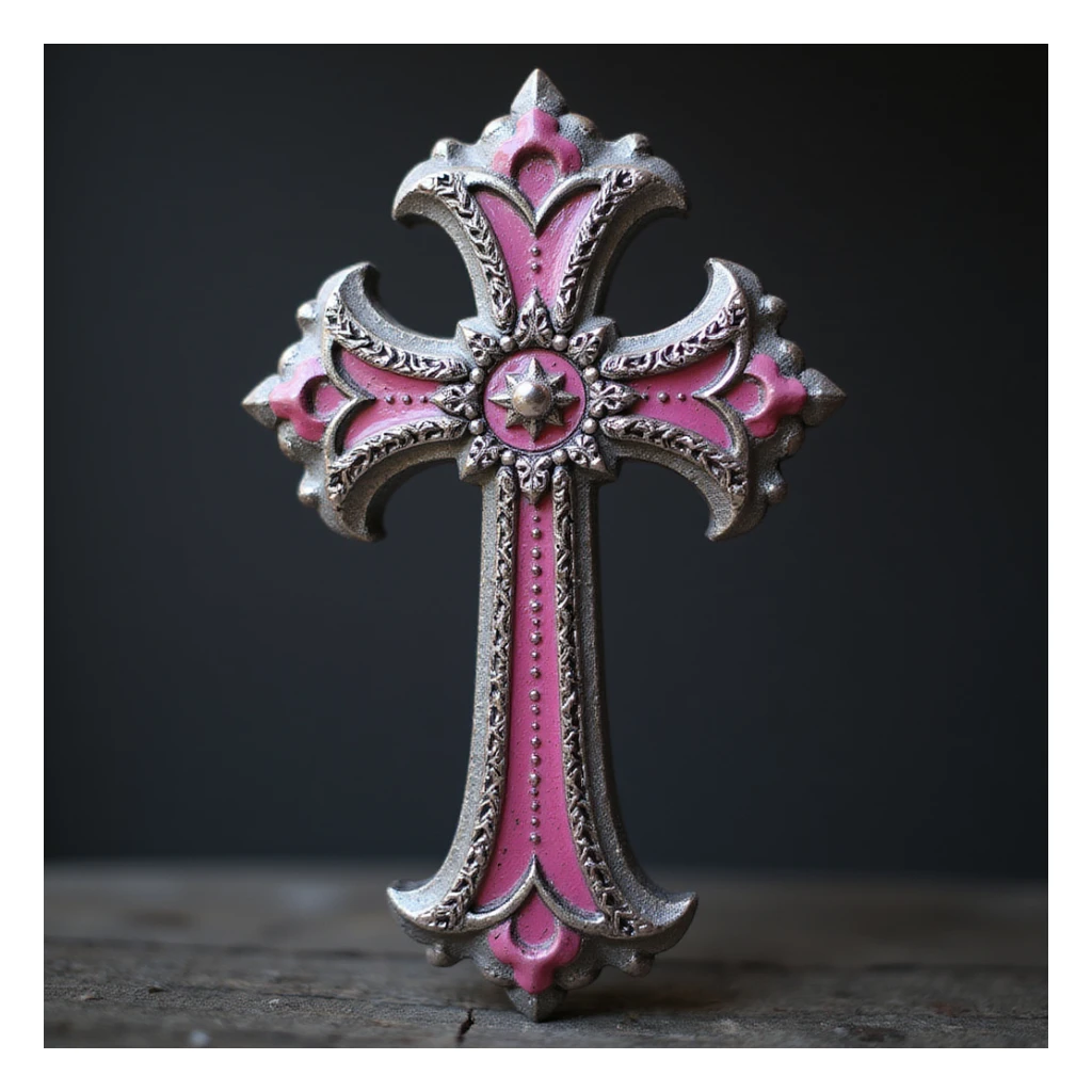 realistic gothic cross, pink and silver, photorealistic style, no background sticker