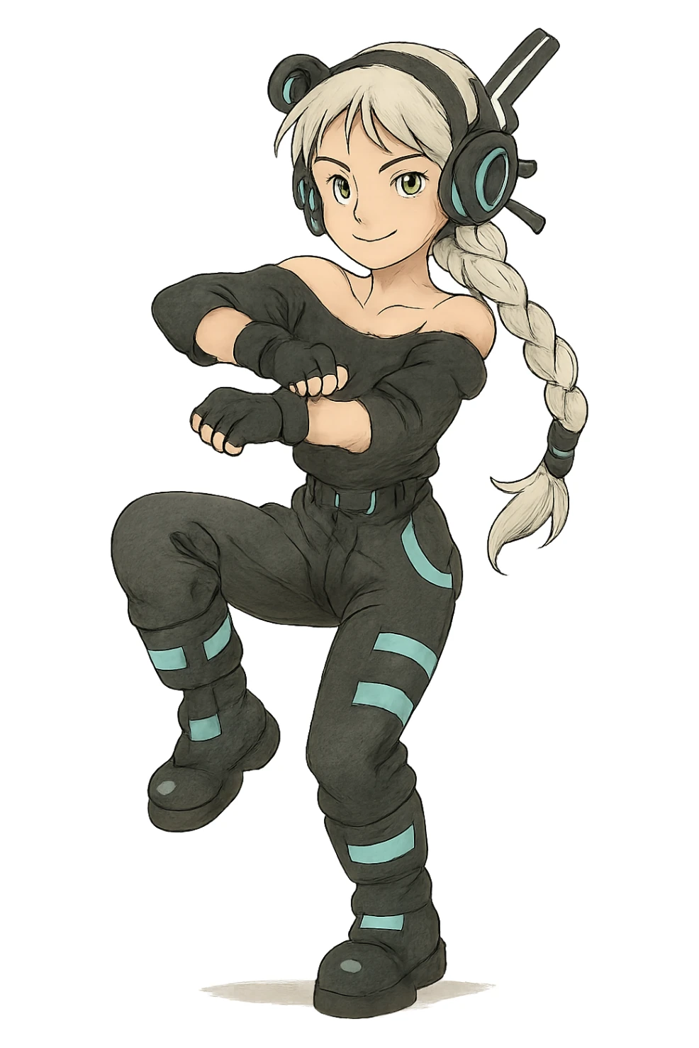 1 female, gold yellow eyes, long white braid, black off shoulder top, futurepunk cybergoth doing “oppa gangnam style”  dance sticker