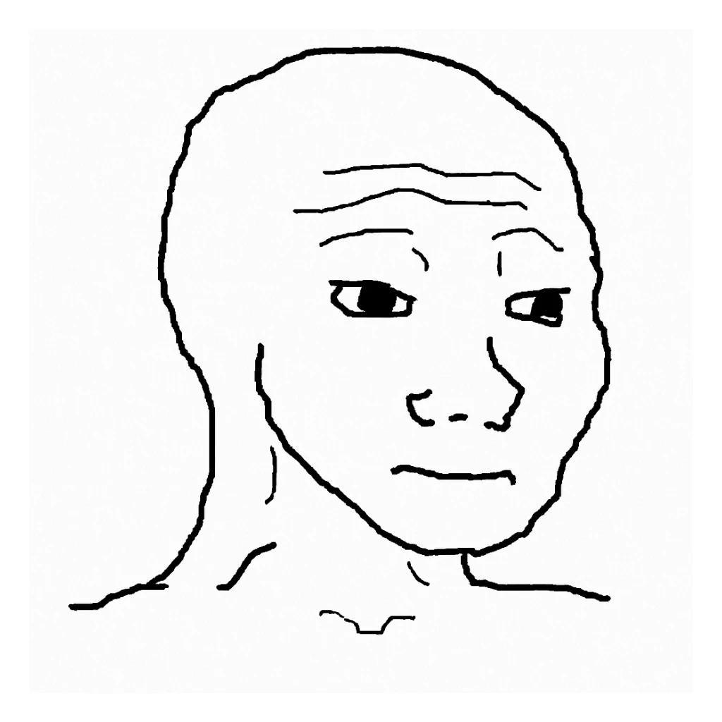 classic Wojak meme face, simple black and white line art, neutral expression sticker