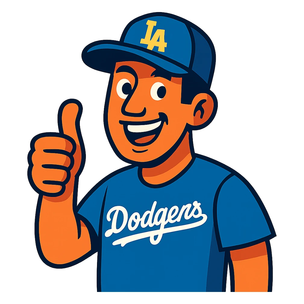 man in Dodgers hat, giving a thumbs up, vibrant toon style sticker