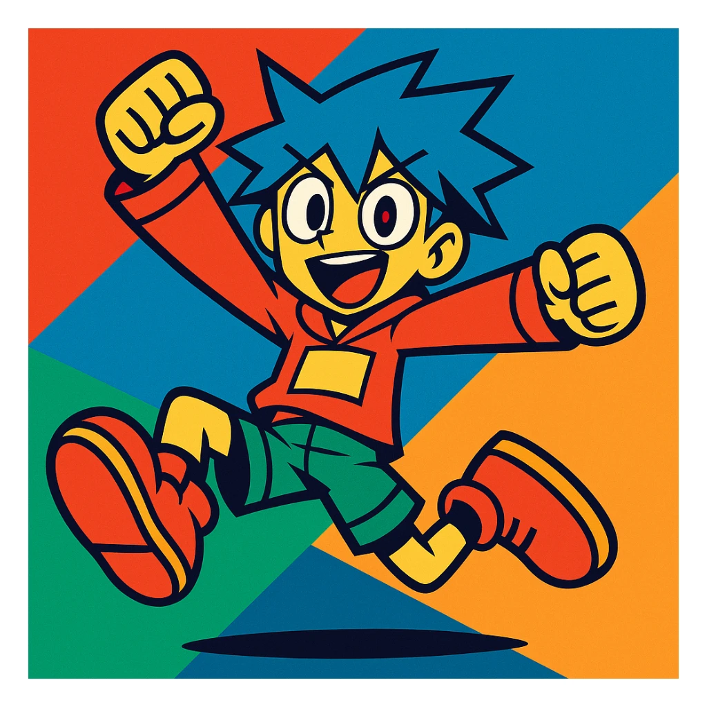 Maretu xydrick, energetic character with bold colors, dynamic pose, stylized design sticker