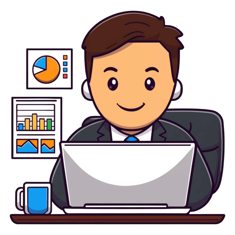 corporate guy with brown hair, smiling at computer with CRM charts sticker