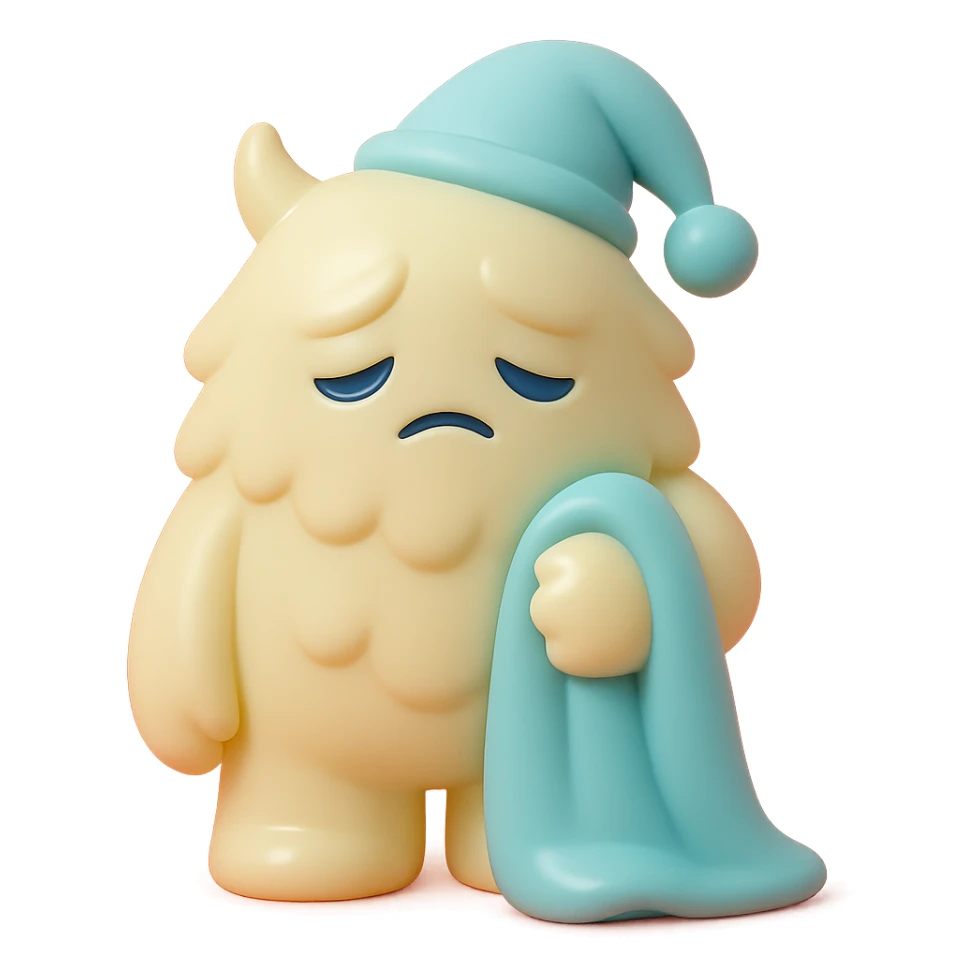 fluffy monster wearing a nightcap, holding a blanket, eyes drooping, soft lighting, vinyl figure style sticker
