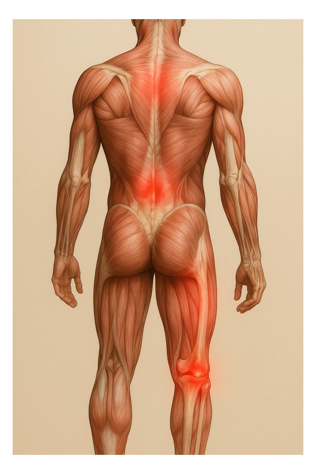 corpo umano anatomico con mal di schiena e al ginocchio, iperrealistico 4k sticker
