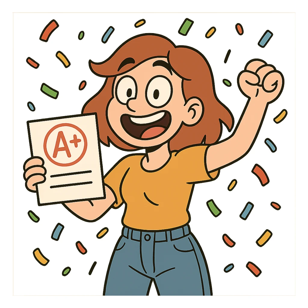 A+ grade on a school report, cartoon style, bright and playful, with confetti sticker