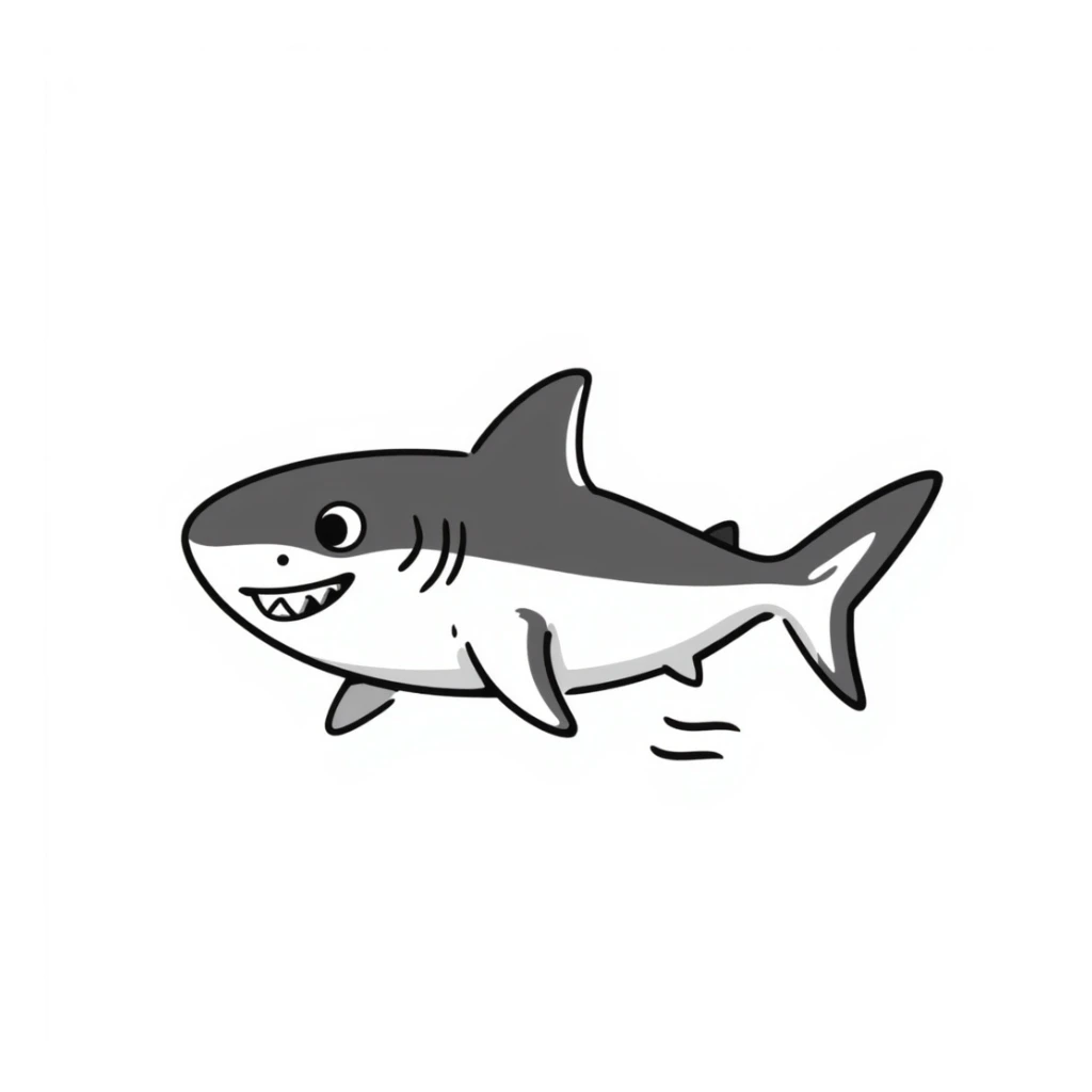A black and white doodle of a shark, hand-drawn style, simple lines, no fill sticker