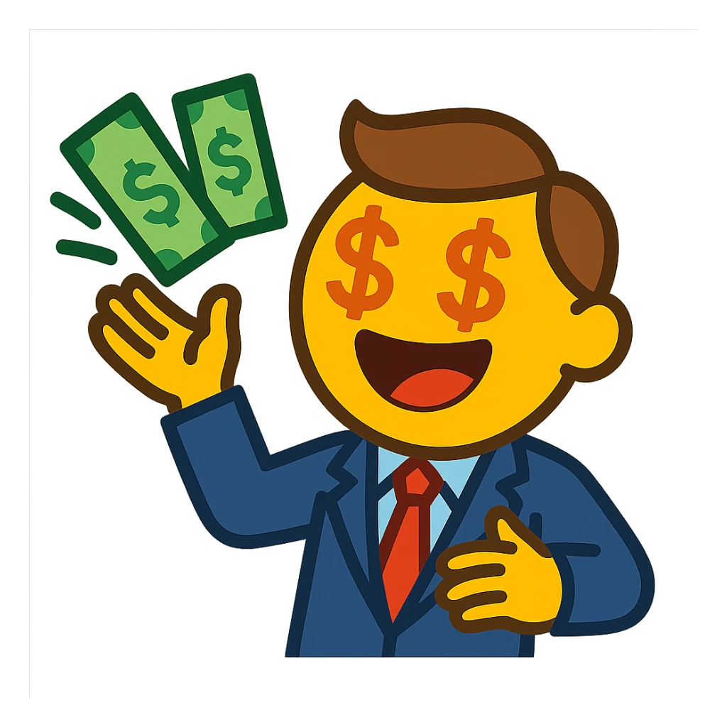 playful venture capitalist emoji, throwing money, excited expression, modern business attire sticker