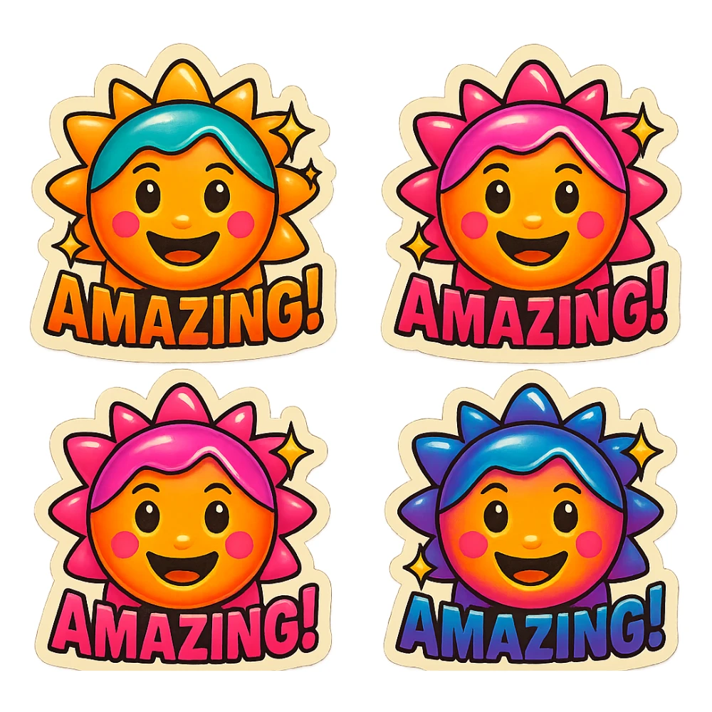 Create a sequence of four 'amazing!' emojis with changing vibrant colors and sparkling effects, each frame representing a different stage of a flashing, sparkling animation. The emojis should have no background and be in the retro stickers style. sticker