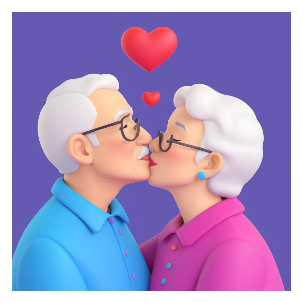 elderly couple sharing a playful kiss, realistic 3D style, vibrant colors, loving atmosphere sticker