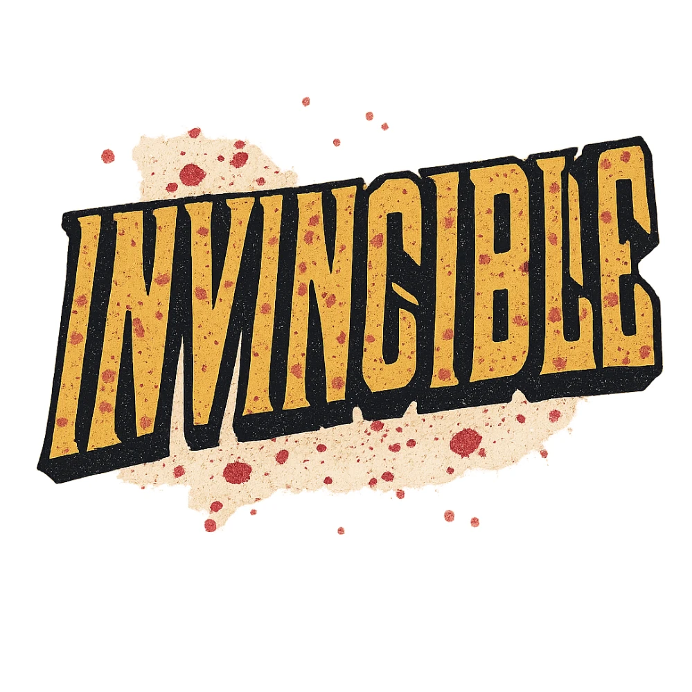 the word 'Invincible' in a gritty, distressed comic font, yellow with black outline, splattered with red, no background sticker