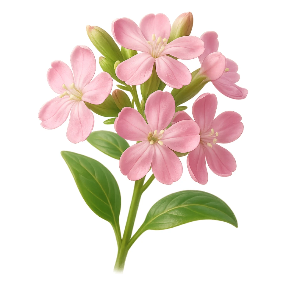 Create a 3D iOS-style square image of realistic soapwort (Saponaria) flowers with delicate pink petals, green stems and leaves. Use soft lighting and a glossy effect. The image should have no background and maintain 1:1 proportions. Style should be in GPT Image style as requested. sticker