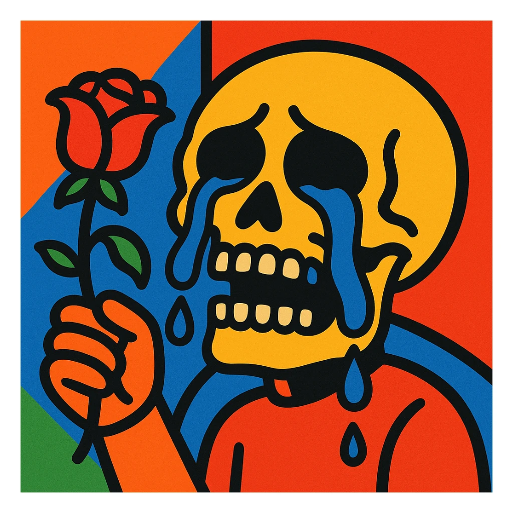 a skull crying with big streams of tears while holding a wilted rose, visually striking style, vibrant toon style sticker
