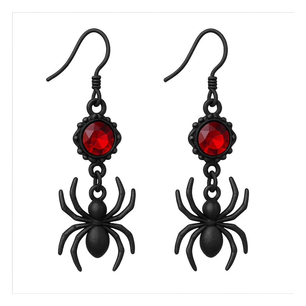 goth earrings with spider charm, black and red, creepy cute gothic sticker