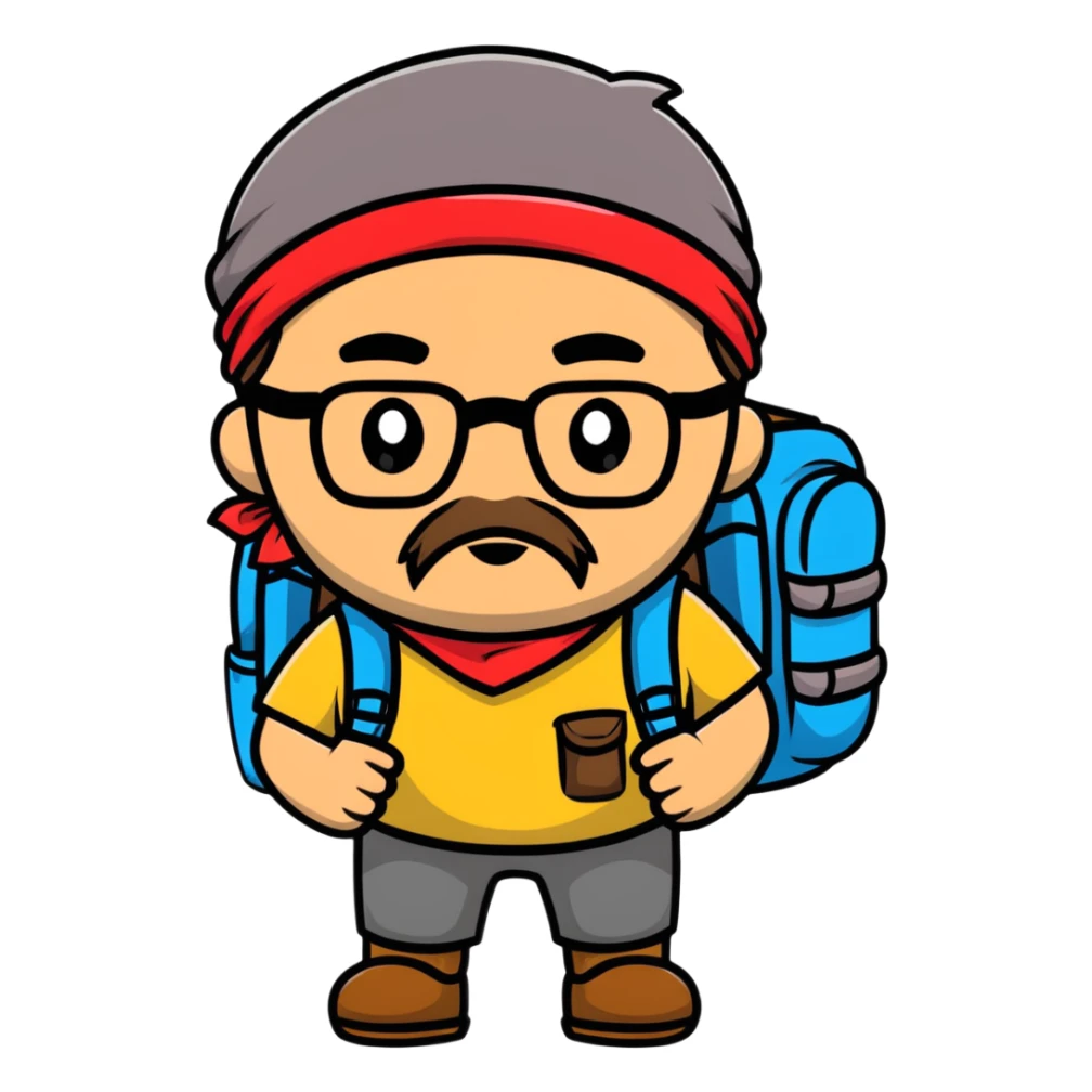 adventurer with goatee beard (no beard on cheeks), short hair, glasses, bandana on head and backpack sticker