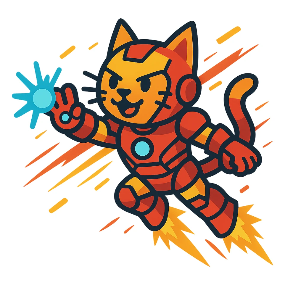 a heroic cat with Iron Man armor, flying with repulsor beams, energetic scene sticker