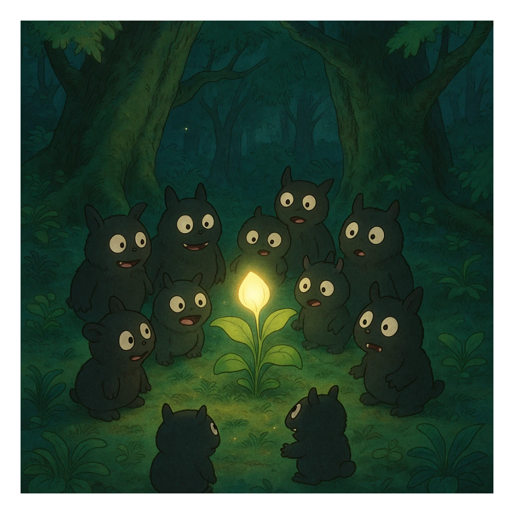 playful small monsters gathering around a glowing plant in enchanted woods in ghibli style sticker