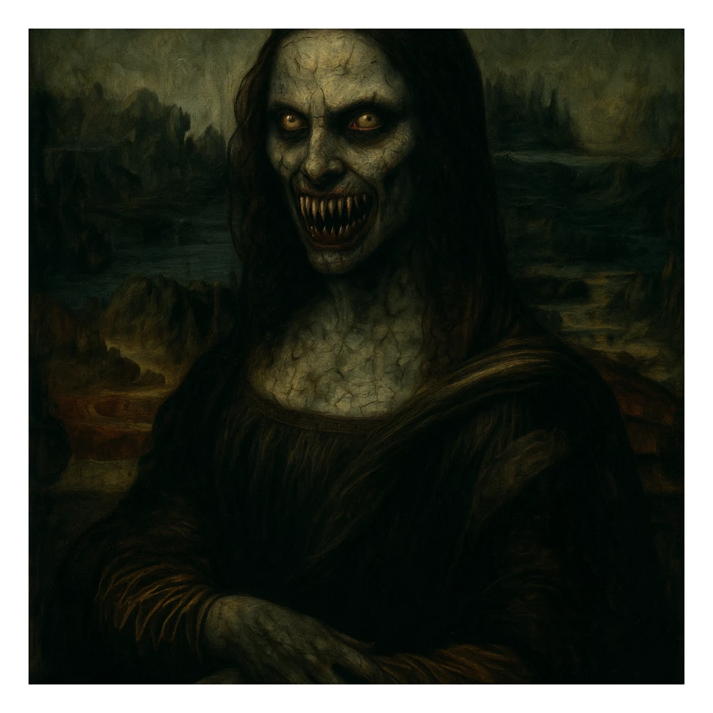 Mona Lisa in an oil painting style, with a horror-inspired look, sharp teeth, intense stare, and a chilling supernatural vibe sticker