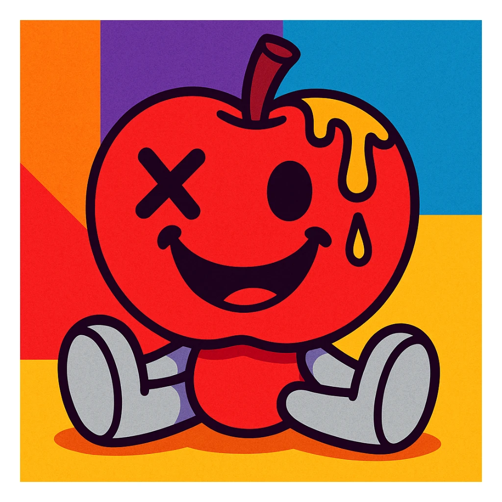 vibrant-toon style: apple plush toy, light grey plush limbs, left eye is an X, ichor leaking from stem, no leaf, wide happy grin sticker