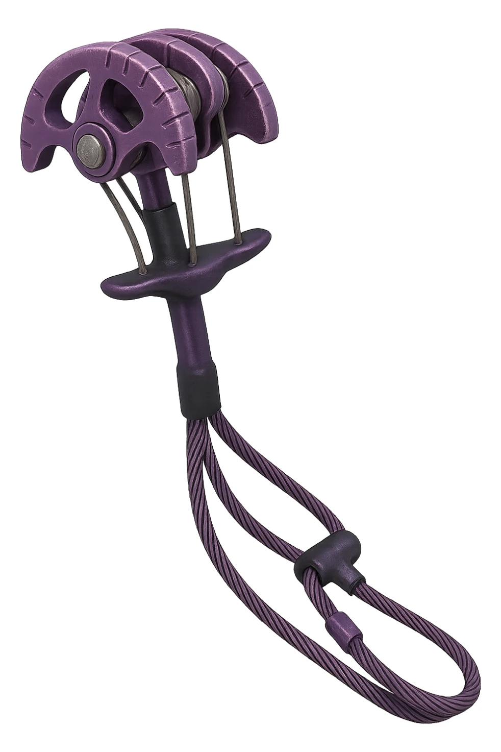 Trad climbing camming device in purple, metallic, with lobes and a stem, isolated on transparent background, realistic metallic texture and details sticker