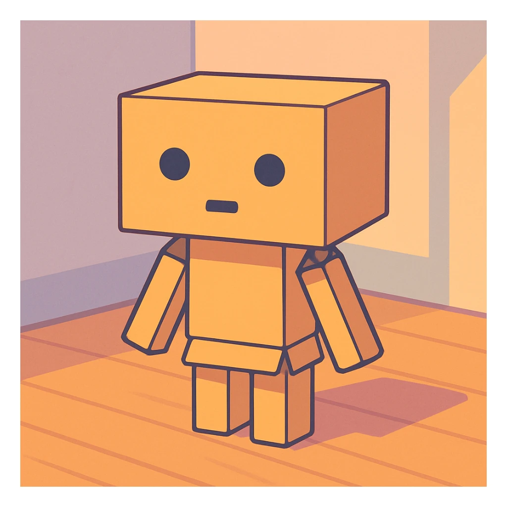 small cardboard robot named Danbo standing alone in the middle of a softly lit room, square head with two round black eyes and a small rectangular mouth, body made of folded cardboard panels, jointed arms and legs, cartoonish style with clean lines and pastel colors, warm wooden flooring, soft shadows, cozy and nostalgic atmosphere sticker
