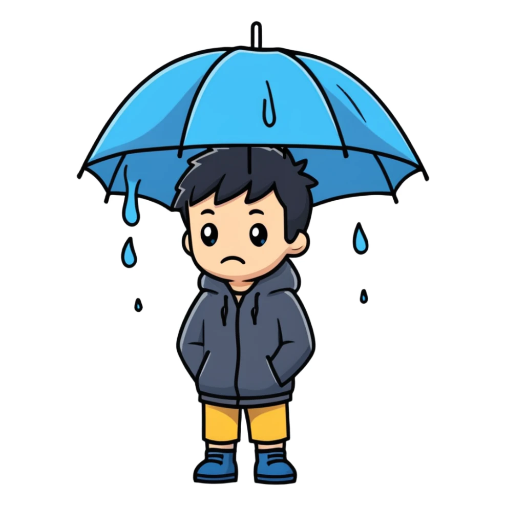 Boy standing alone in the pouring rain, looking sad sticker