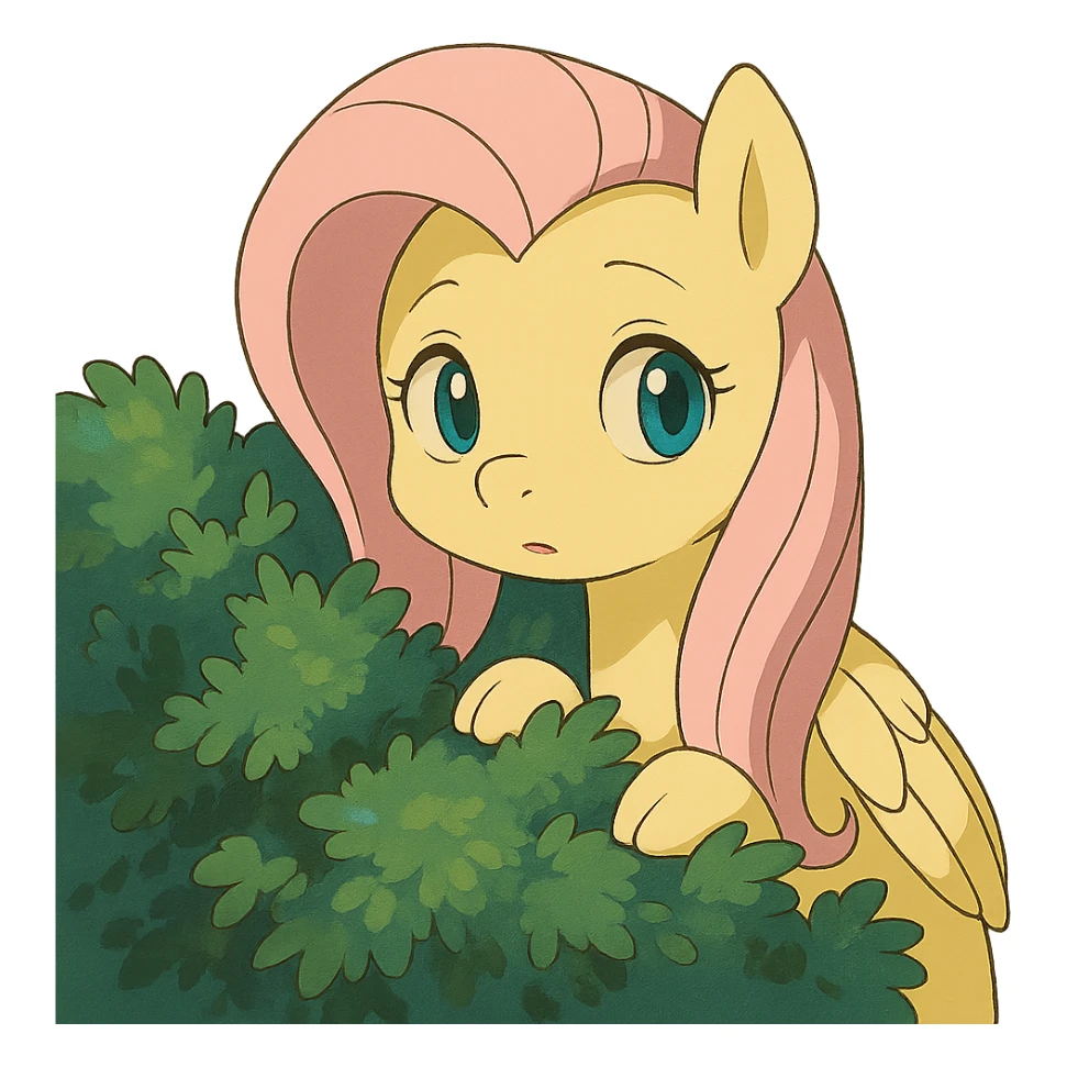 Fluttershy peeking from behind a bush in Ghibli style sticker