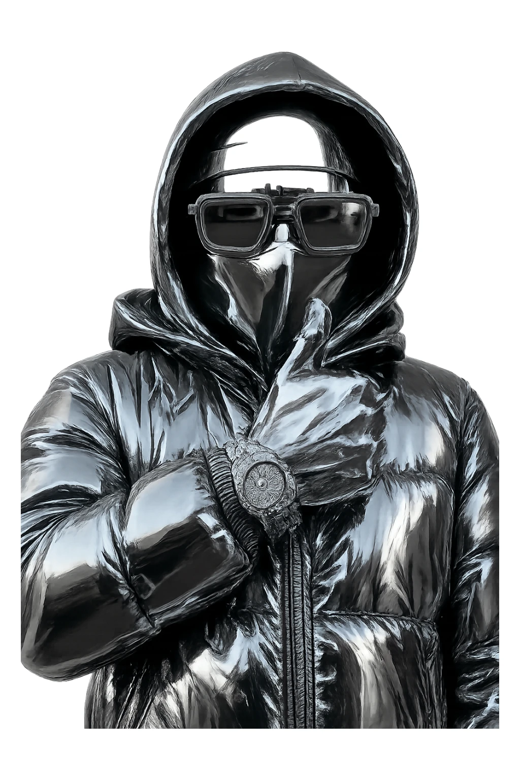 Transform the person in the image into a hyper-realistic chrome design with shiny metallic textures. Add stacks of money and a luxury car in the background. Emphasize a futuristic, high-end vibe with reflective chrome surfaces and sleek luxury elements. sticker