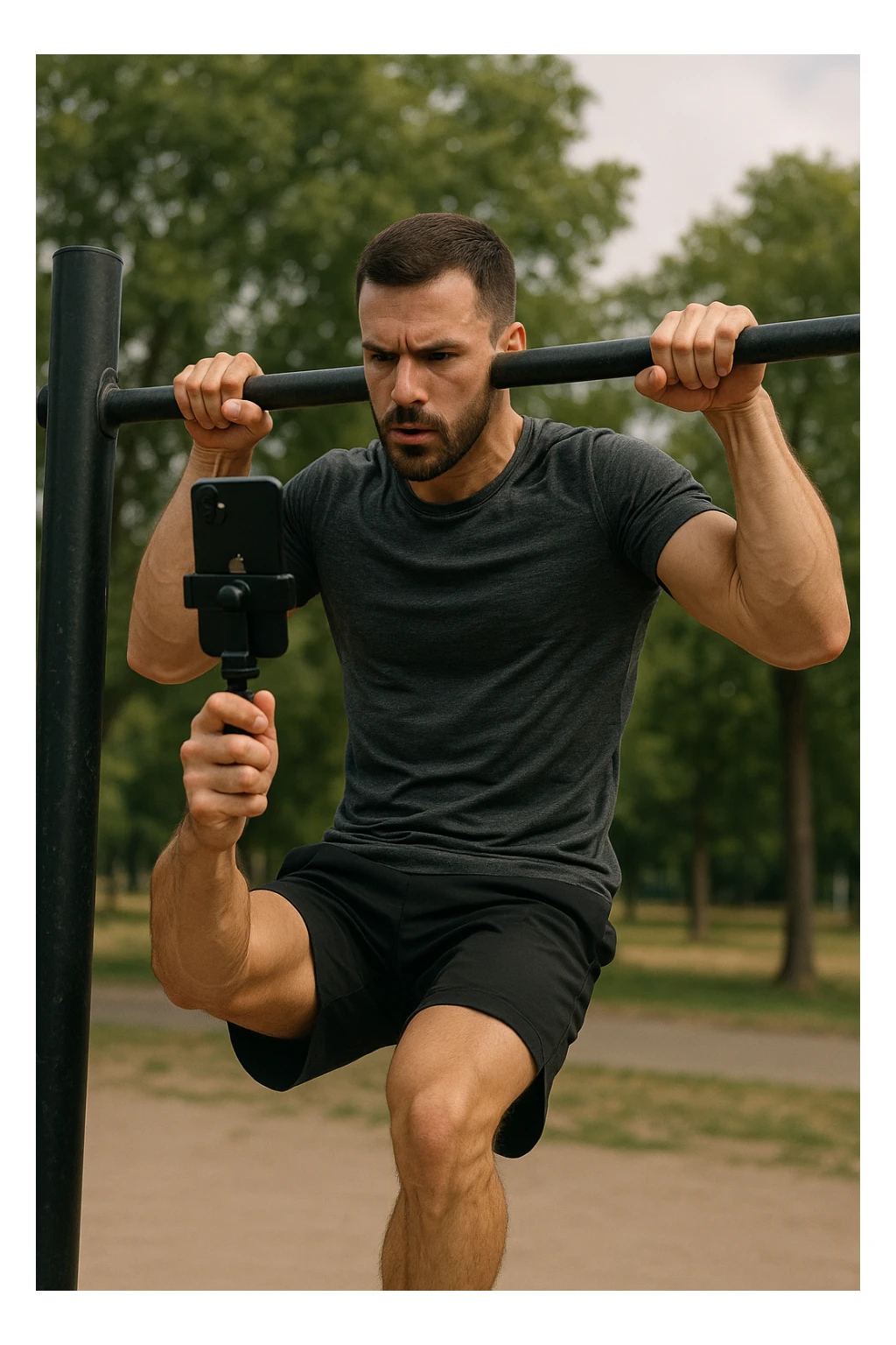 uomo che fa Muscle up e si sta filmando davanti con il telefonino per vedere la sua posizione dei gomiti e delle mani sulla sbarra sticker