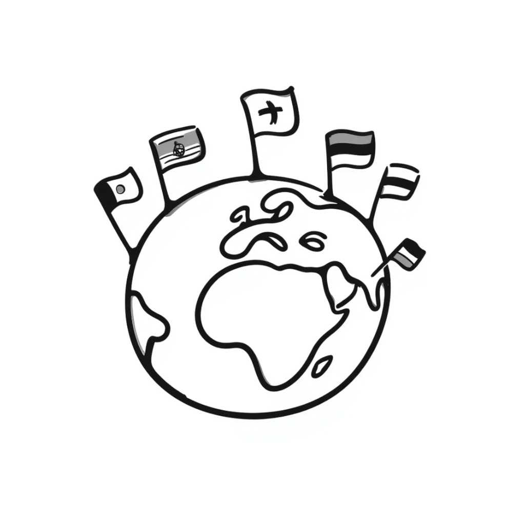 Hand-drawn globe with small country flags from different nations sticking out from the continents sticker