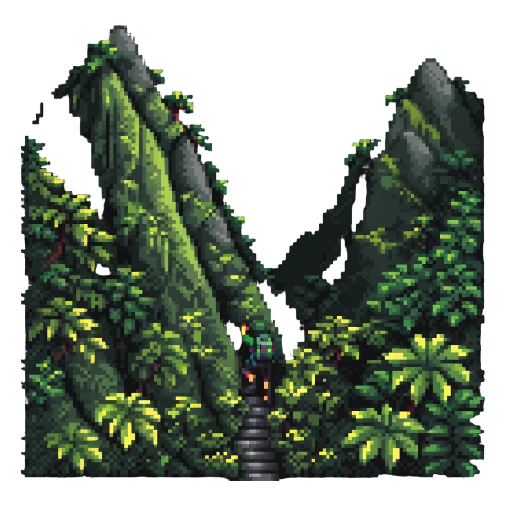 a person climbing a mountain in a lush jungle sticker
