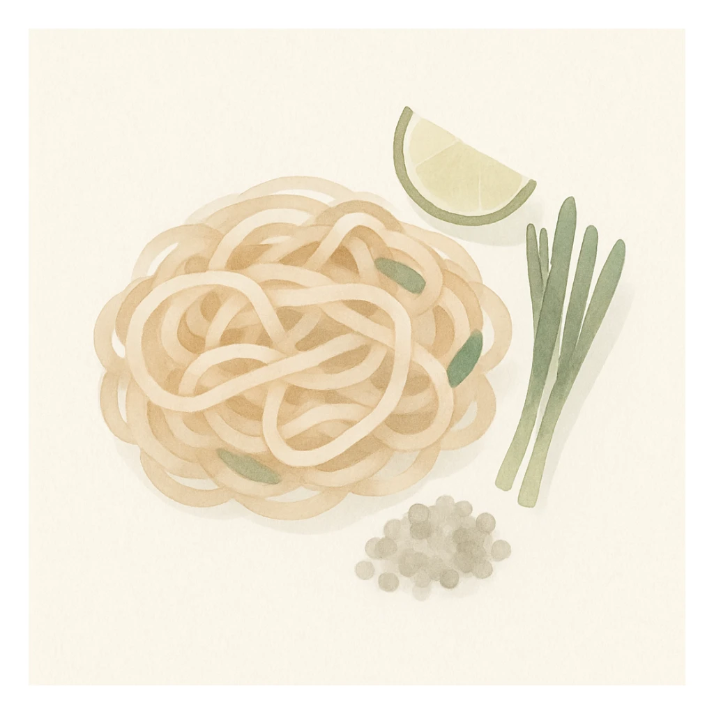 pad thai, watercolor style, soft edges, artistic, noodles, garnish, lime sticker