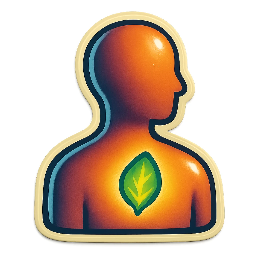 human silhouette or body with a leaf symbolizing mental health, leaf is glowing or highlighted, placed on the chest or face, retro stickers style, clear outlines, strong shadows and highlights, fun and not too complex, psychosomatics and psychology theme sticker