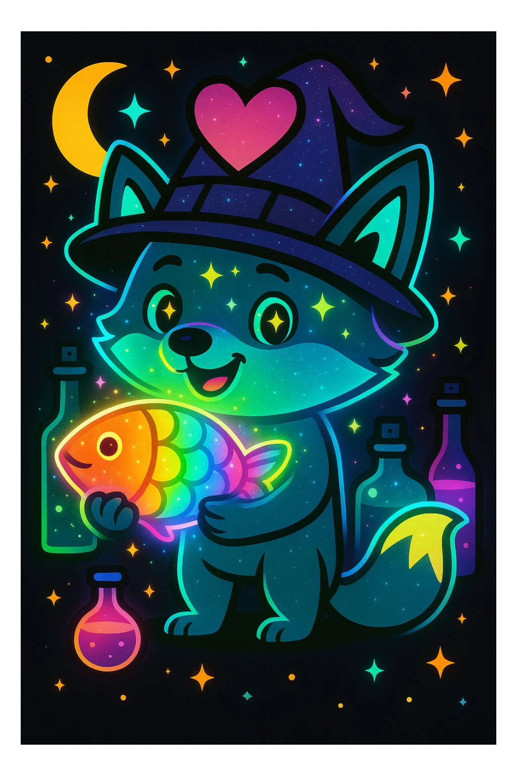 Make the rainbow fish glow with a magical aura and change the blue fox to a neon teal color, keep the purple sparkly witch hat, magical background, and big pink heart in vibrant toon style. sticker