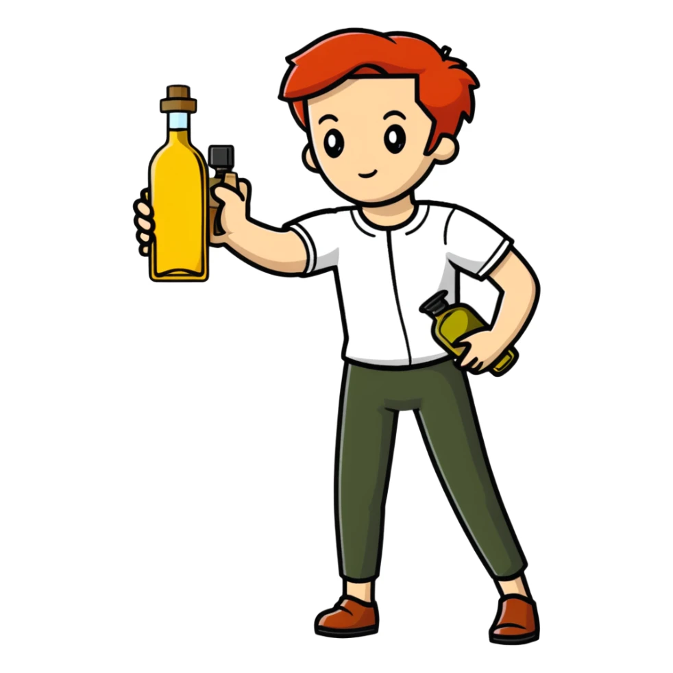 redhead person holding olive oil bottle like a pistol, action pose sticker