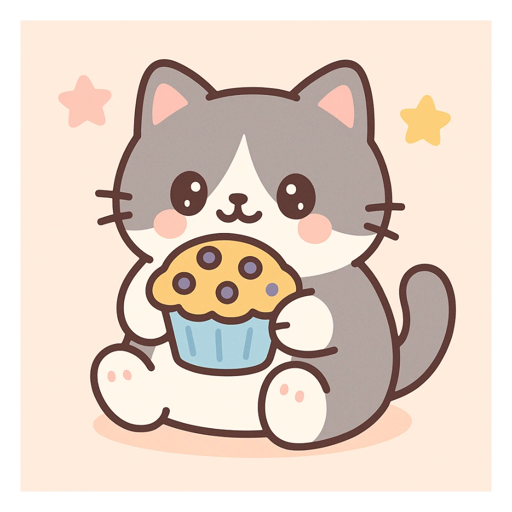 a chubby grey and white cat eating a blueberry muffin, soft, friendly, cute style sticker