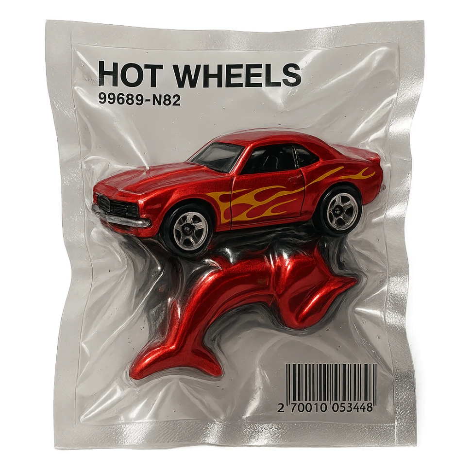 Hot Wheels car, shiny and inflated, vacuum-sealed style sticker